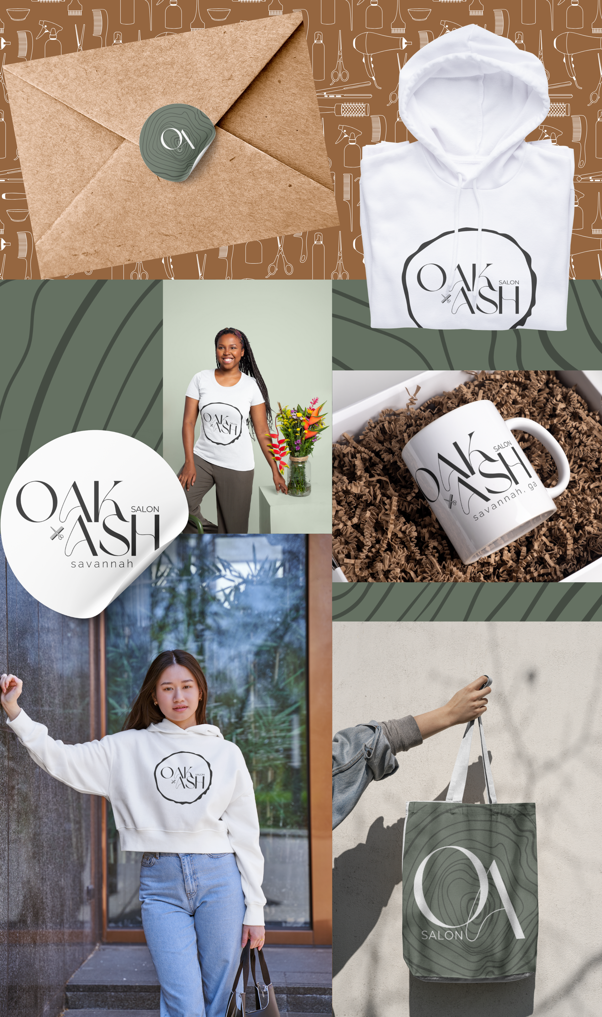 Oak + Ash Salon branded materials and visual applications