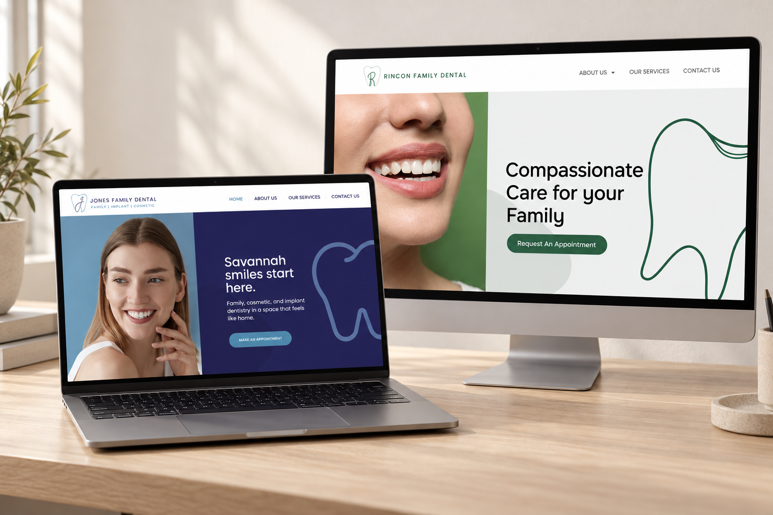 Jones Family Dental on a laptop and Rincon Family Dental on a desktop